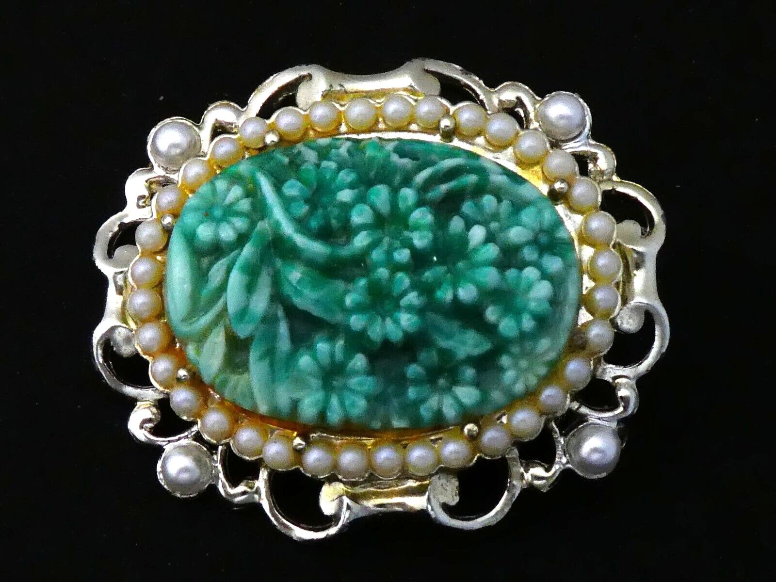 BROCHE VINTAGE En Perles De Cristal Vert Monture Argentée - Style Rétro élégant #K31