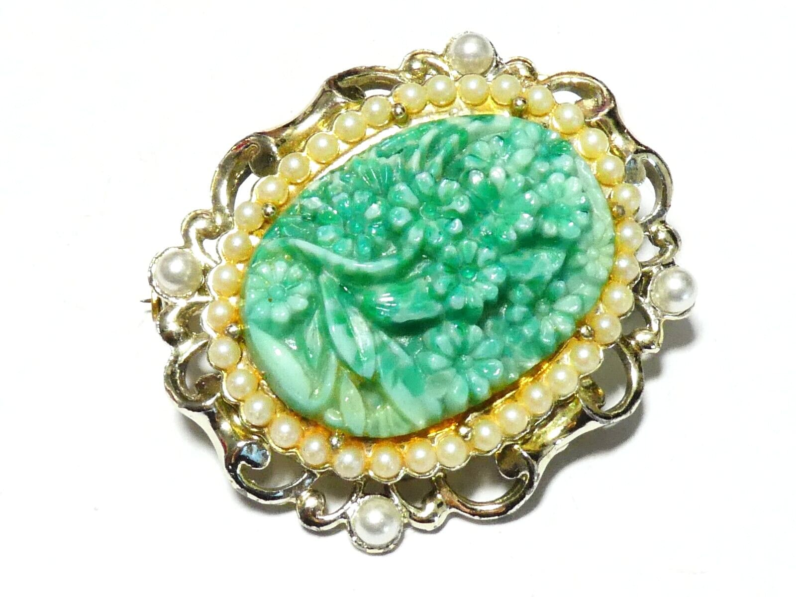 BROCHE VINTAGE En Perles De Cristal Vert Monture Argentée - Style Rétro élégant #K31