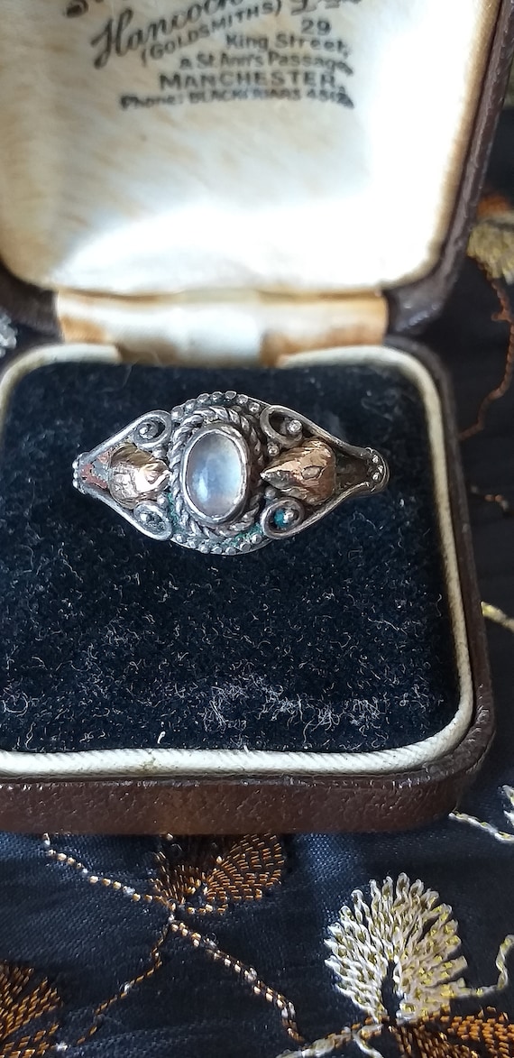 Antique Vintage 1930-s Moonstone Silver and 9 Gol… - image 3