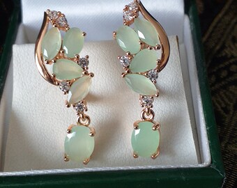 Boucles D'oreilles Anciennes En Or 14 Carats Avec Strass Vert - Pendantes, Dormeuses, Occasion