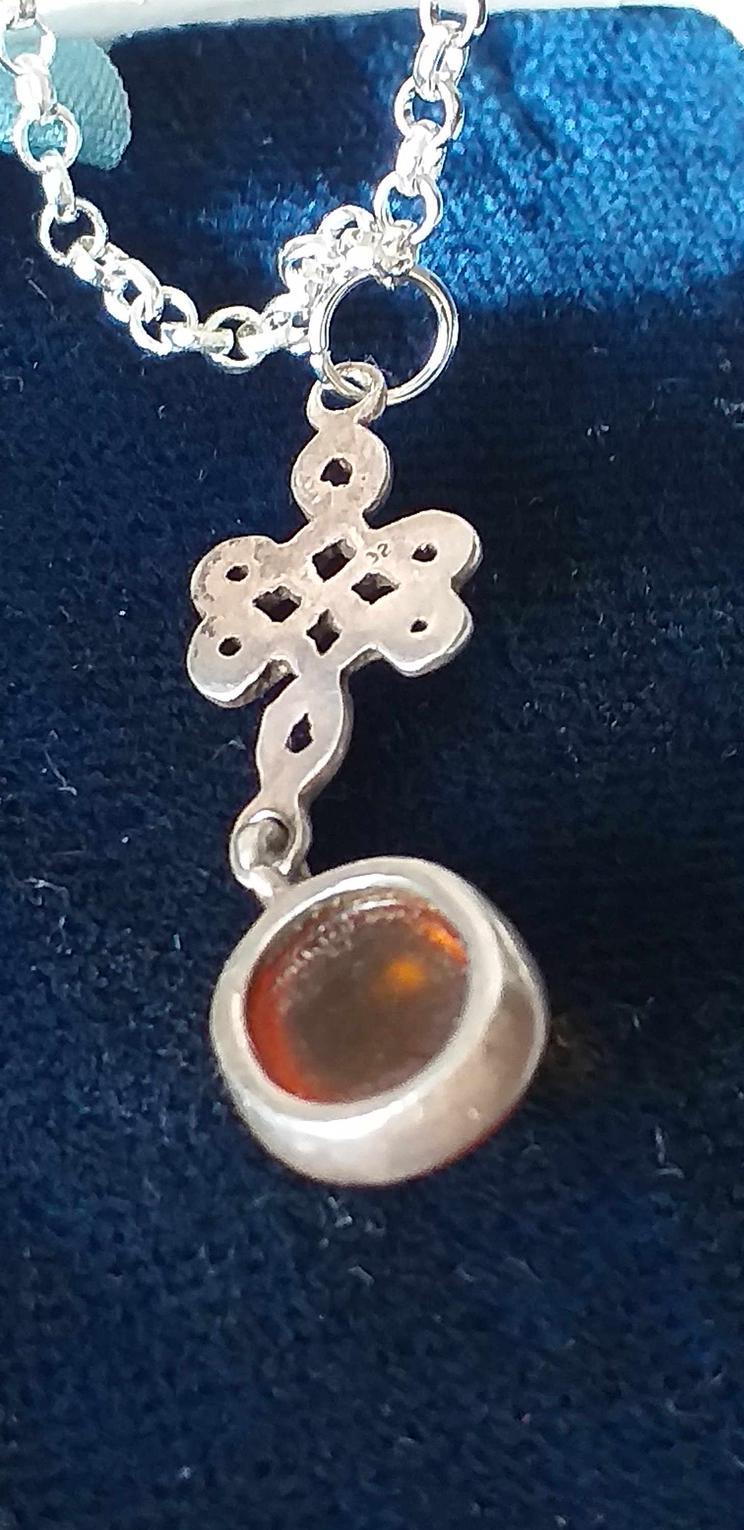 Pendentif Antique En Ambre Naturel Et Argent 925 Des Années 1940 - Collier 18 Pouces
