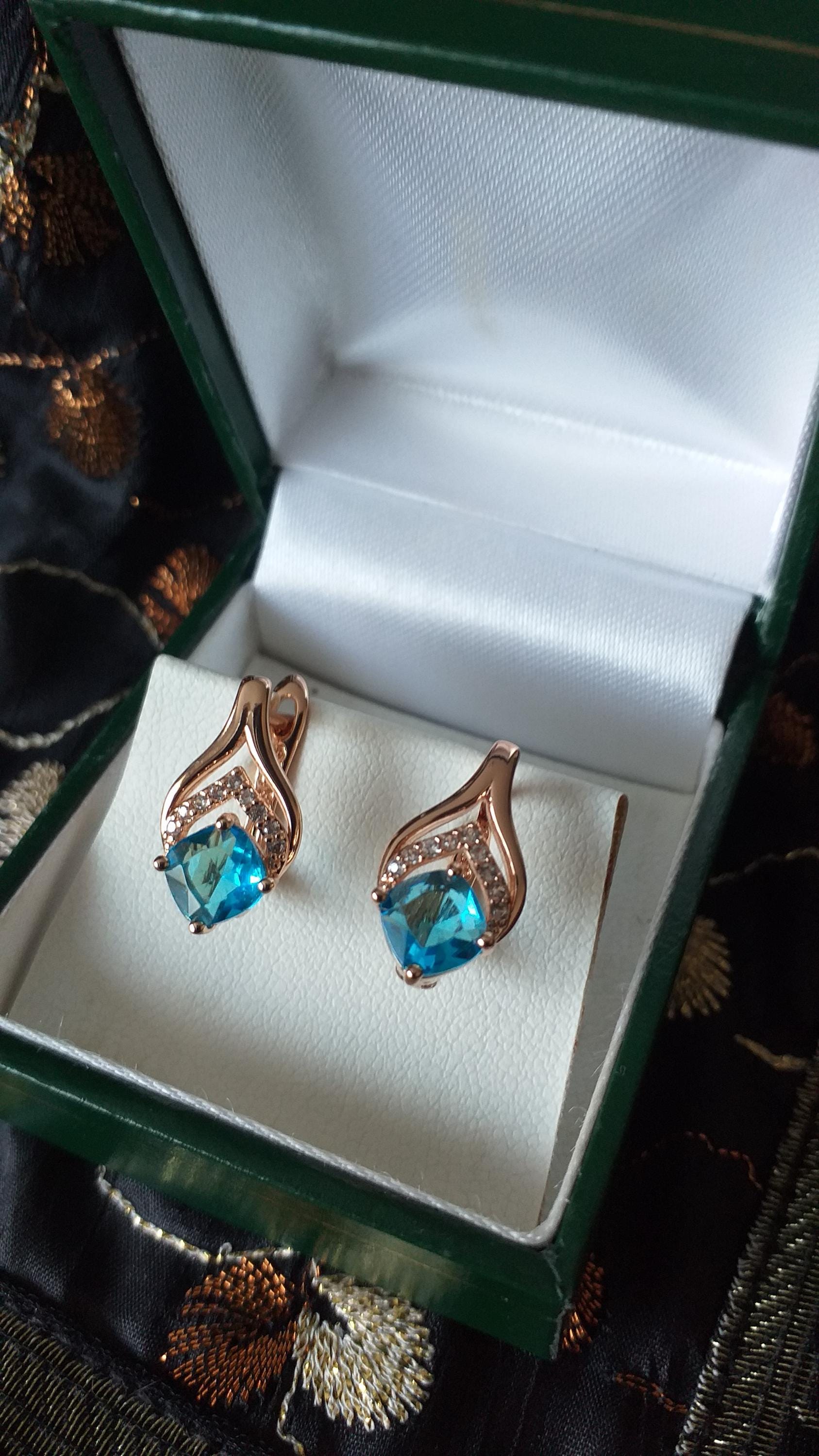 Boucles D'oreilles Vintage Années 90 - Or Laminé 14 Ct, Aigue-marine Et Zircons