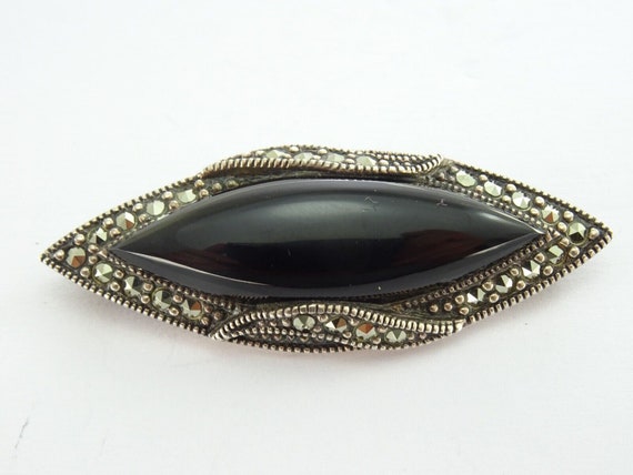 Broche Ancienne En Argent Massif 925 Avec Marcassite Et Onyx - Bijou Vintage