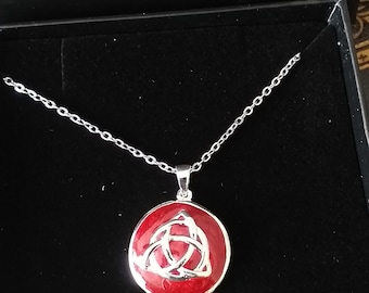 Vintage Celtic Trinity Knot Silver Pendant on Chain with Red Enamel in Box