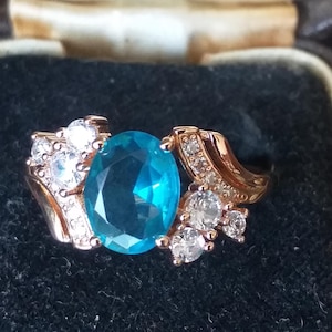 Vintage Blue Topaz 14 CT Rolled Gold Ring - Size UK P / US 7 1/2- Hallmarked!
