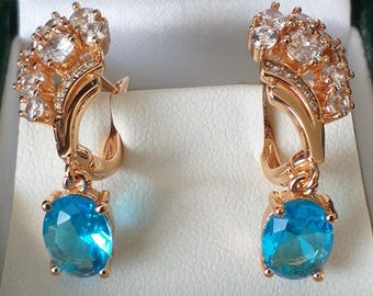 Boucles D'Oreilles Vintage Années 90 - Or Laminé 14ct, Aigue-Marine & Zircons