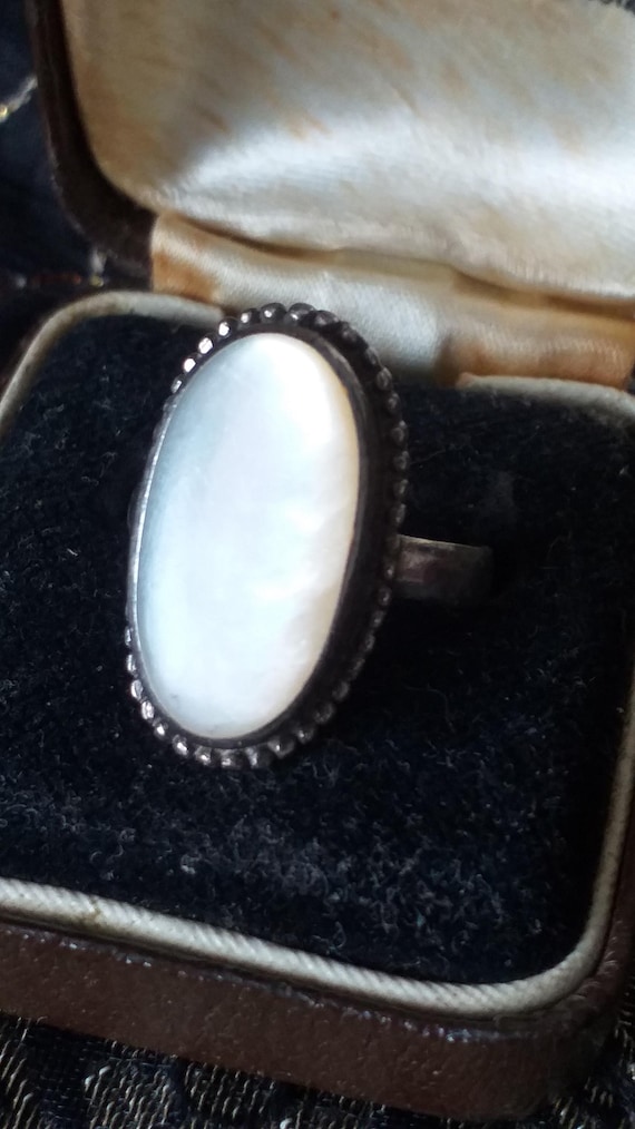 Bague Ancienne En Argent Massif 925 Et Nacre - Taille 56 - Vintage, Occasion