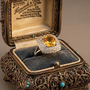 Può includere: Un anello con citrino giallo taglio a cuscino circondato da un alone di piccoli diamanti su una fascia color argento. L'anello è esposto all'interno di un portagioie in metallo decorato con filigrana complessa e pietre turchesi e rosse.