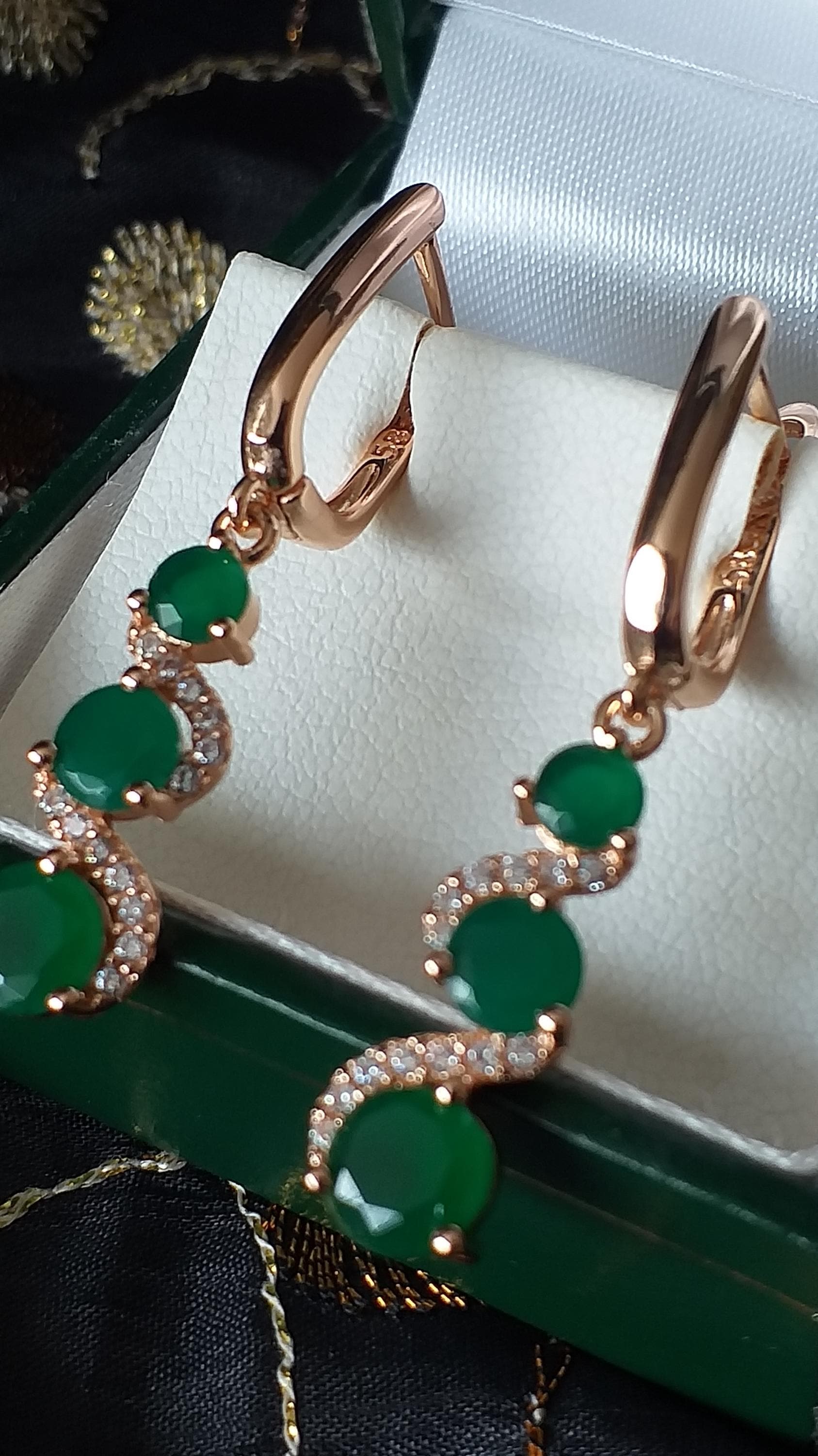 Vintage 1990-s 14 Ct Rolled Gold Emerald / Zircons Earrings-Hallmarked 585 RG