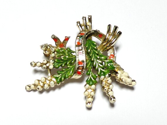 VINTAGE Exquisite Signed Goldtone Green/White/Red… - image 6
