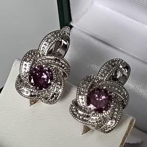 Vintage 1990-s 925 Sterling Silver  Amethyst Earrings - Hallmarked