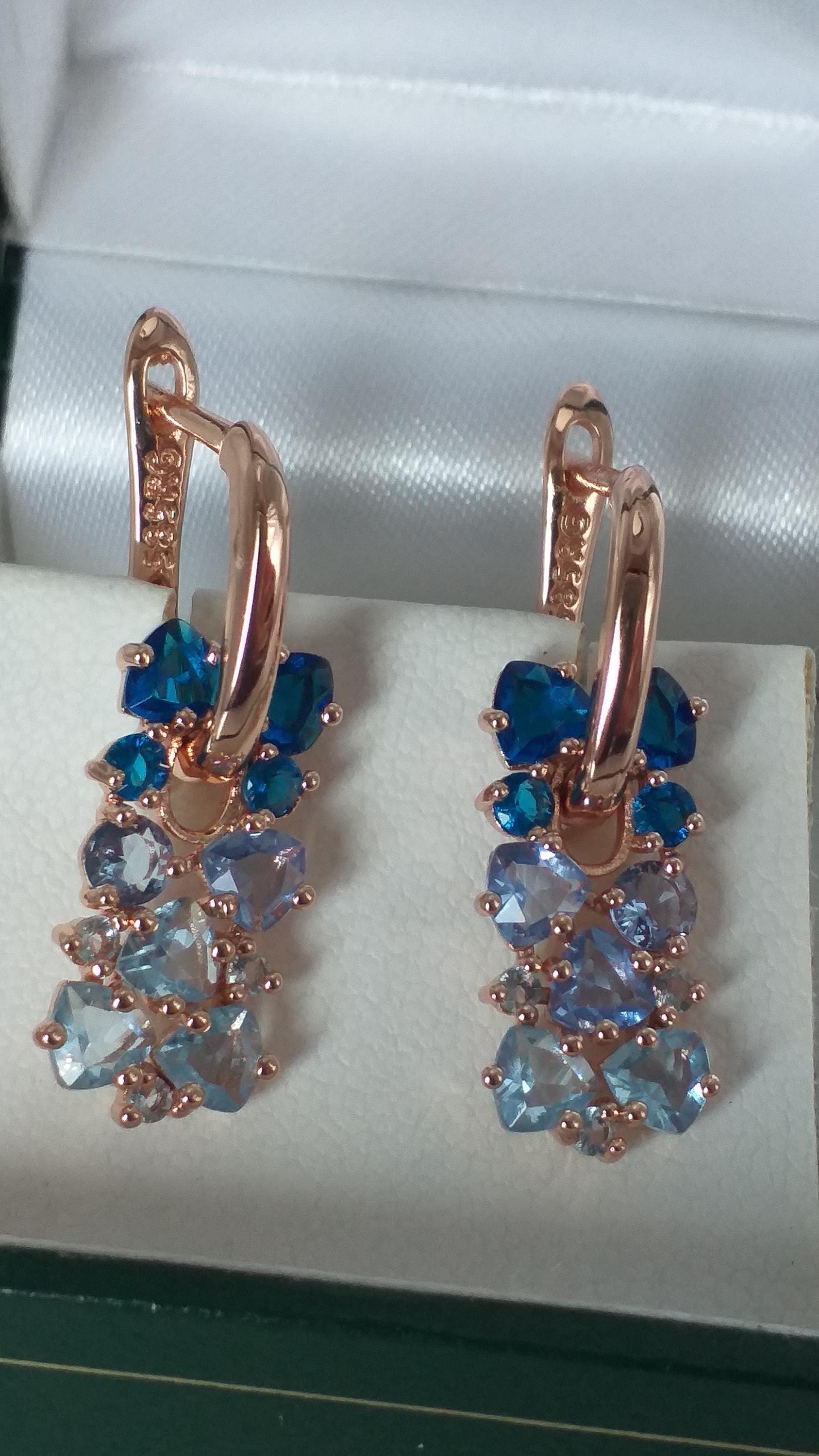 Boucles D'oreilles Vintage Aigue-marine Et Or Laminé 14 Carats - Années 1990, Royaume-Uni