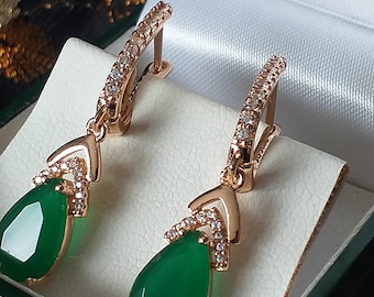 Vintage 1990-s 14 Ct Rolled Gold Emerald / Zircons Earrings-Hallmarked 585 RG