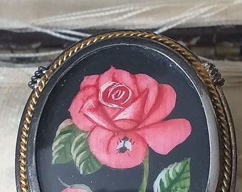 Broche antique vintage des années 1940 en argent 800 peinte à la main avec des fleurs roses, poinçonnées