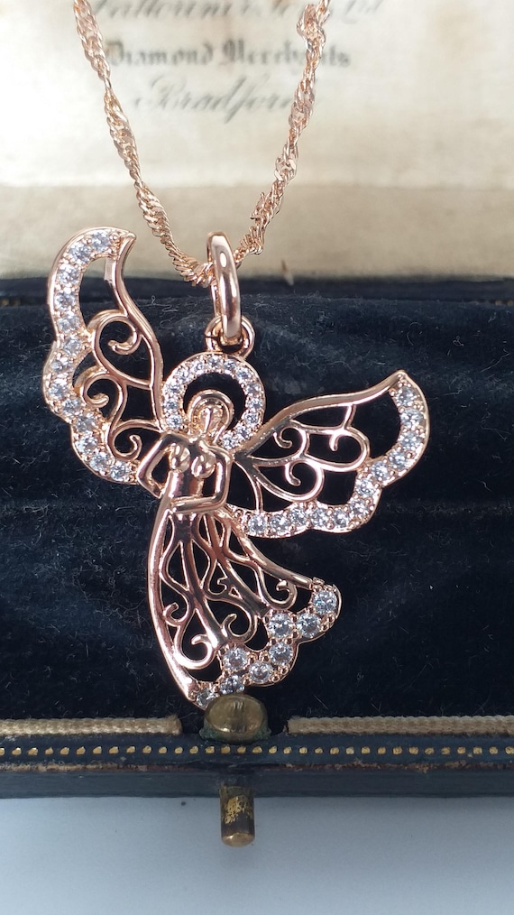 Vintage 1990-s 14 CT Rolled Gold Zircon Large Angel Pendant on