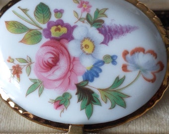 VINTAGE Large Oval Gilt Edge White Ceramic/Pot Pink Floral Printed BROOCH