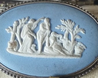 Broche ancienne des années 1940 en argent bleu Wedgwood, poinçonnée