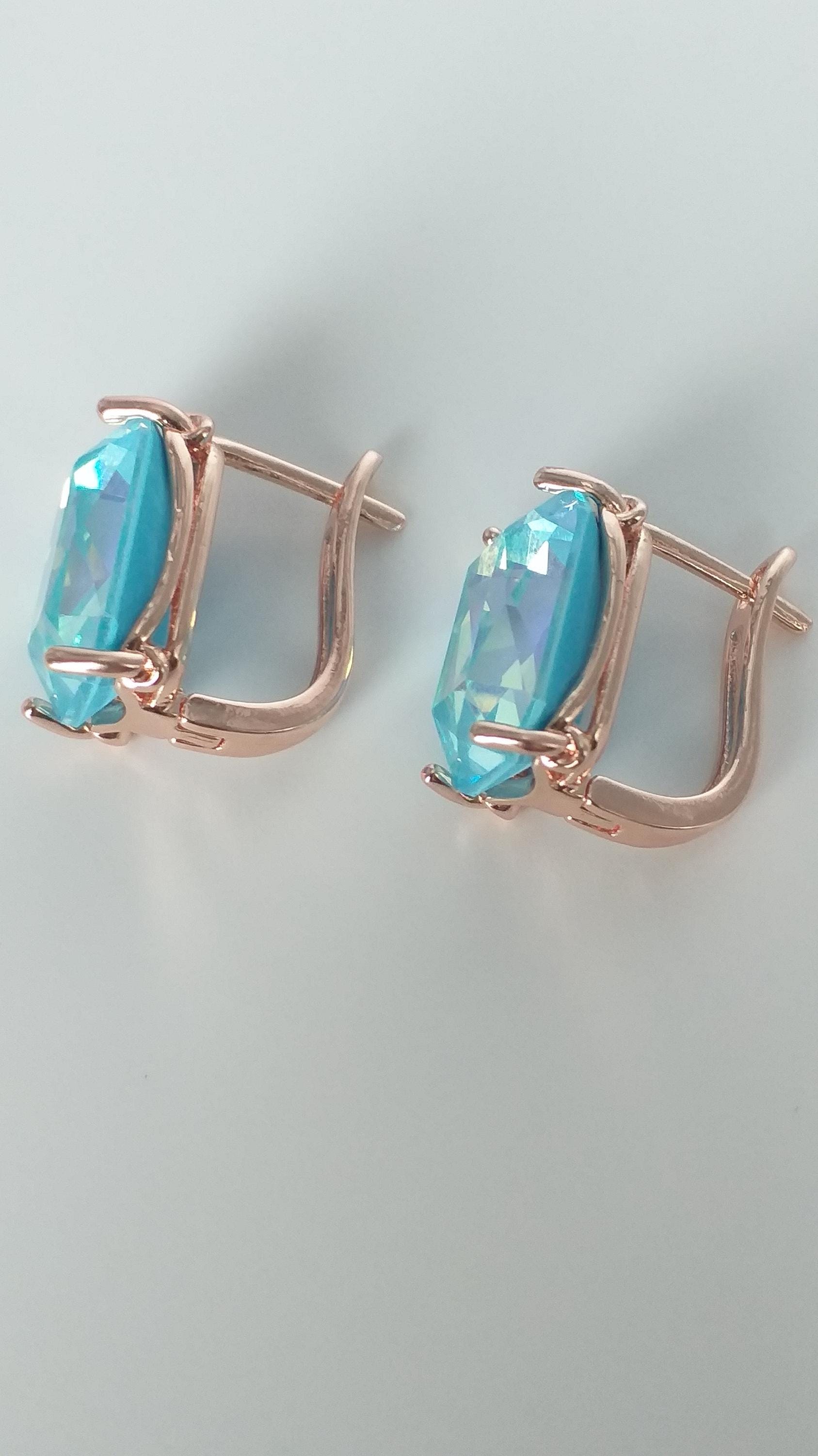Boucles D’oreilles Vintage Aigue-marine – Or Laminé 14 Carats – Années 90 – Fabrication UK