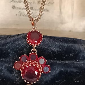 Può includere: Una collana color oro rosa con un ciondolo a forma di impronta di zampa, decorato con diverse pietre rosse rotonde e sfaccettate. Il ciondolo è sospeso a una catenina abbinata, con una singola pietra rossa rotonda sopra la zampa.