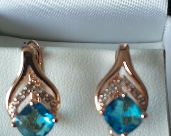 Boucles D'oreilles Vintage Années 90 - Or Laminé 14 Ct, Aigue-marine Et Zircons