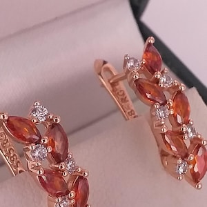 Könnte beinhalten: Ohrringe aus Roségold mit Blattdesign. Jeder Ohrring hat orange-rote Marquise-Edelsteine und kleine, runde, klare Edelsteine. Die Ohrringe sind in einem Roségold-Metall gefasst und werden in einer Schmuckschatulle präsentiert.