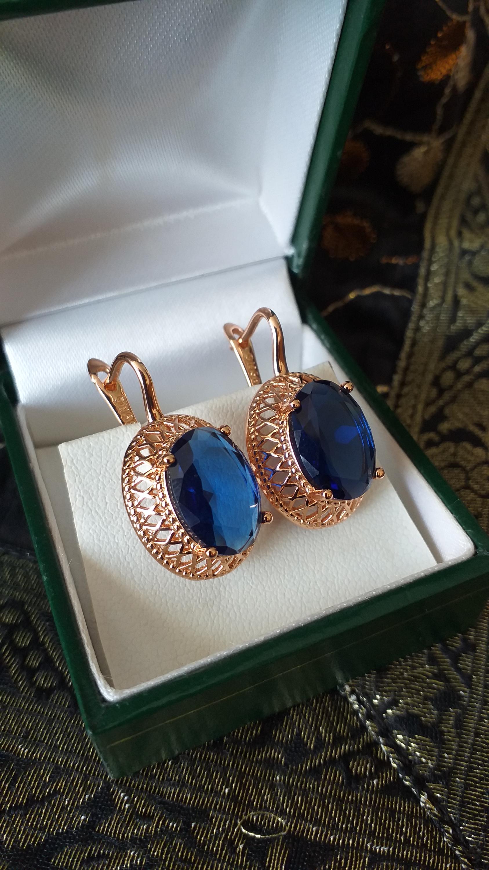 Boucles D'oreilles Vintage Années 90 - Or Laminé 14 Carats, Saphir Bleu, Poinçonné - Occasion En Excellent état
