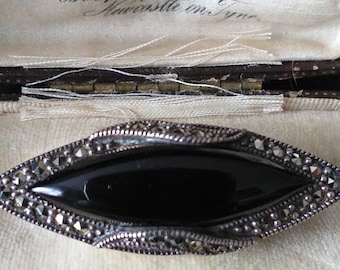 Antique Vintage 1930-s Black Onyx & Marcasite Sterling Silver Pin Brooch -Heavy