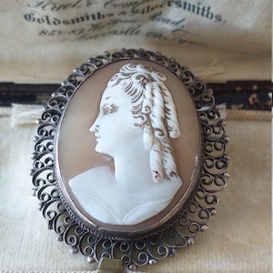 Antique Vintage Victorian Large Cameo Sterling Silver Carved Brooch Hallmarked 900