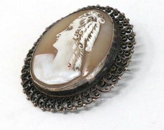 Broche camée vintage - Faux verre écaille de tortue Victorien Revival Portrait Pin - France