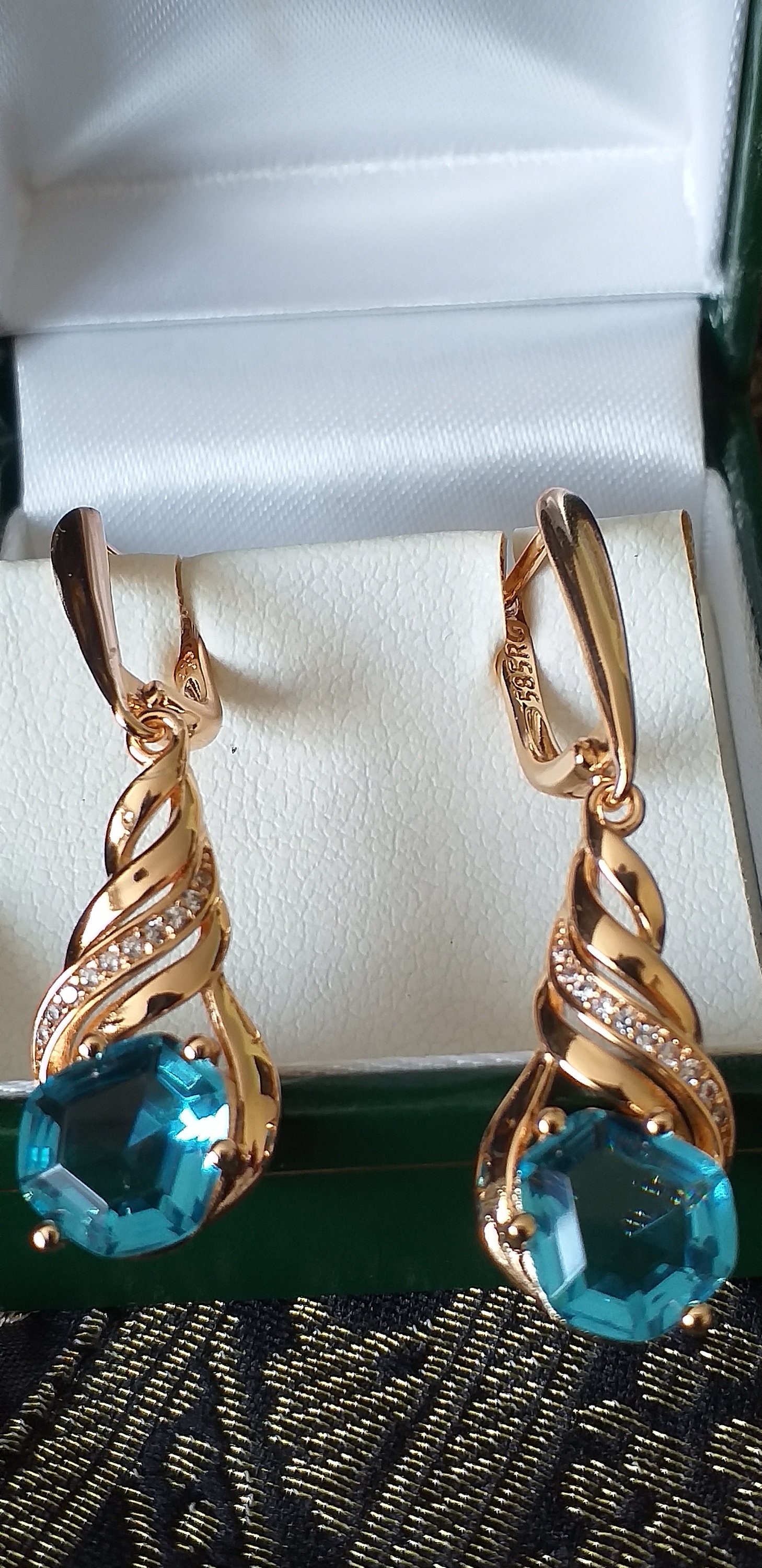Boucles D'oreilles Vintage Années 90 - Or Laminé 14 Ct, Aigue-marine Et Zircons - Fait Main