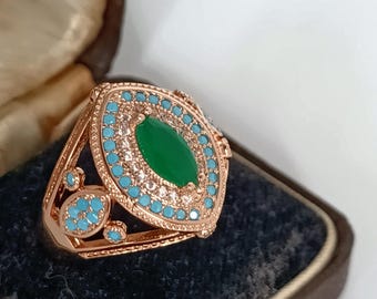 Vintage ring van 14 karaats gerold goud met smaragd en turkoois - Maat US 9 3/4