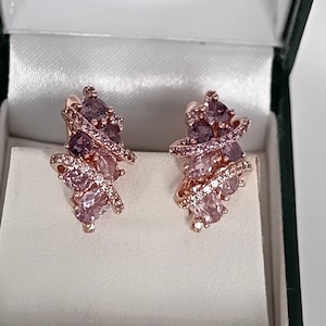 Op de afbeelding: Een paar roségouden oorbellen met een clusterontwerp. De oorbellen hebben roze en paarse edelstenen, geaccentueerd met kleine heldere stenen. De oorbellen worden gepresenteerd in een donkergroene sieradendoos.