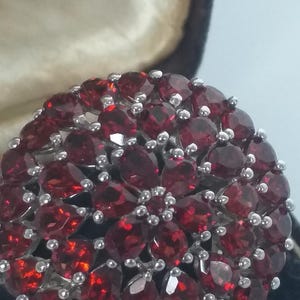 May include: A silver ring with a circular design, densely packed with deep red gemstones. The gemstones are closely set, creating a textured surface. This ring is a striking piece of jewellery, suitable for special events.