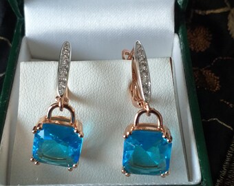 Boucles D'oreilles Vintage Années 90 - Or Laminé 14ct, Aigue-marine Et Zircons