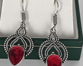 Pendientes grandes con rubí en plata de ley 925, vintage, década de 1990, con sello distintivo.