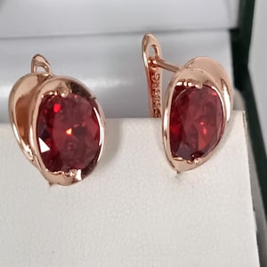 Può includere: Un paio di orecchini in oro rosa con pietre preziose ovali rosso scuro. Gli orecchini sono incastonati in metallo lucido con chiusura a leva. Il marchio "585RG" è visibile sul perno dell'orecchino. Presentati in un cofanetto bianco.