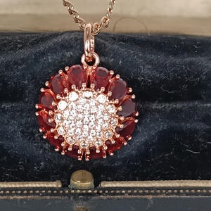 Op de afbeelding: Een roségouden ketting met een hanger met een cirkelvormig ontwerp. De hanger heeft een centrale cluster van kleine, heldere stenen omgeven door een ring van rode stenen. De ketting wordt gepresenteerd in een donkerblauwe sieradendoos.