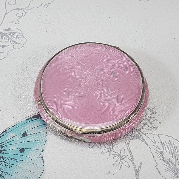 Art Deco guilloche powder compact, pink guilloche enamel sterling silver compact mirror, 1930s hallmarked silver gilt compact