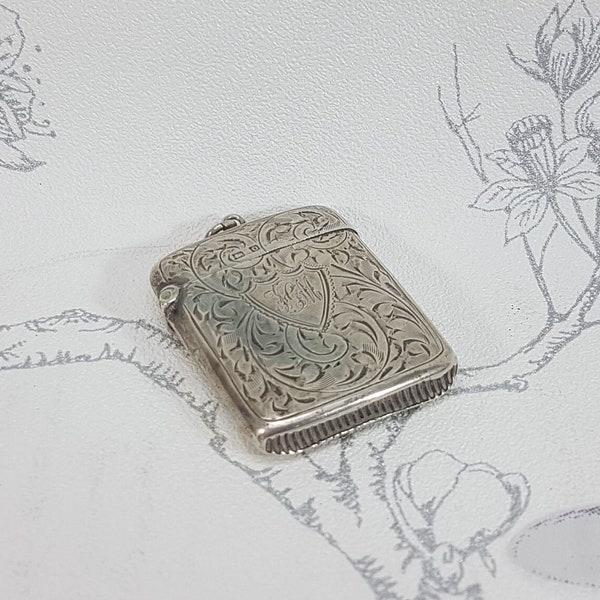 Antique silver vesta case, 1913 sterling silver hinged match vesta, Samuel M Levi, ornate antique silver match vesta case