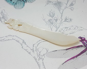 Victorian Carved Mother of Pearl Letter Opener: Antique Lion Finial