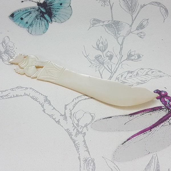 Victorian carved mother of pearl letter opener, ornate antique mother of pearl paper knife