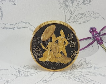 Vintage Damascene polvo compacto firmado Goya, raro espejo compacto damasquinado con escena romántica