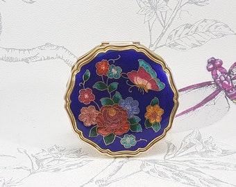 Vintage Cloisonne powder compact, cloisonne enamel compact mirror with butterfly and floral decoration