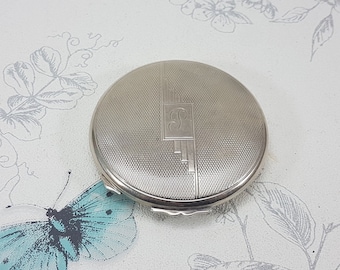 Vintage silver powder compact, Art Deco sterling silver compact mirror, engine turned sterling silver powder compact