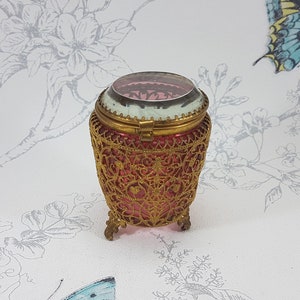 Antique Cranberry Glass Trinket Box: Ormolu Filigree, Hinged Lid