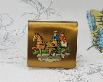 Small vintage powder compact, Irish Jaunting Car, vintage gold tone compact mirror, made in England