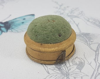 Vintage Gilt Metal Sewing Tape Measure with Green Velvet Pincushion