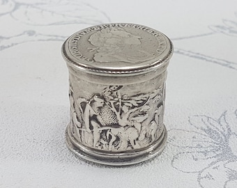 Antike Sterling Silber Pillendose: Niederländisch 1846 Amsterdam, George I Shilling Deckel