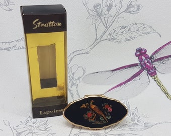 Vintage Stratton Lipview lipstick holder with pheasant decoration, Stratton lipstick case in original box, vintage Stratton lipstick holder