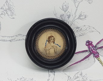 Antique miniature watercolour in round wooden frame, small original miniature portrait of a young lady wearing wide brimmed hat